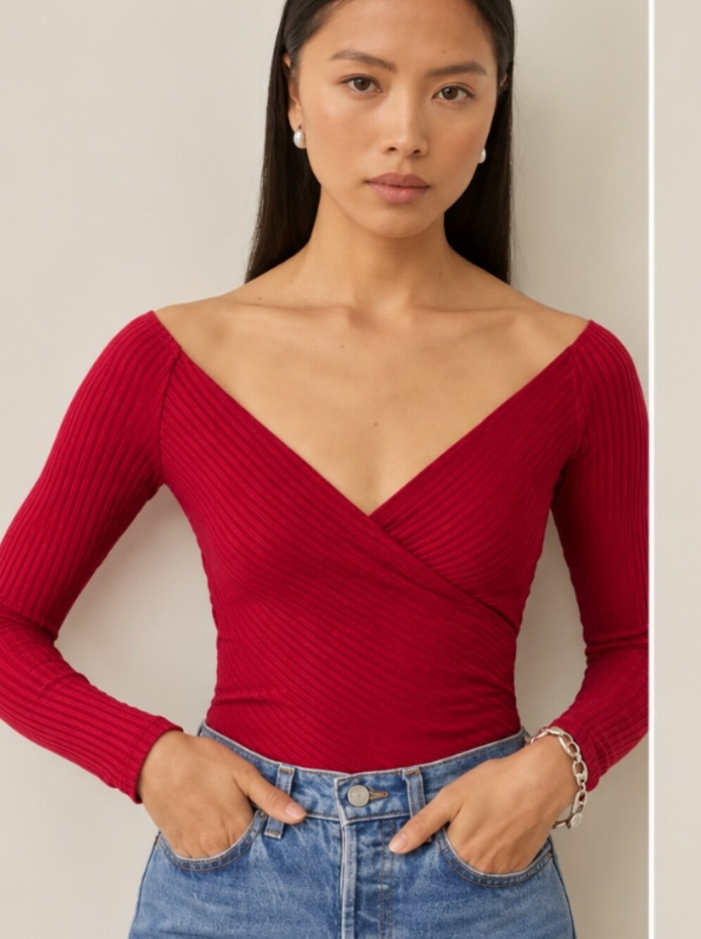 Reformation RED Ribbed Wrap V-Neck